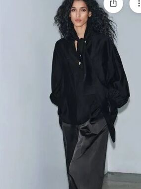 NWT Zara  Black Tie-Neck Flowing Blouse